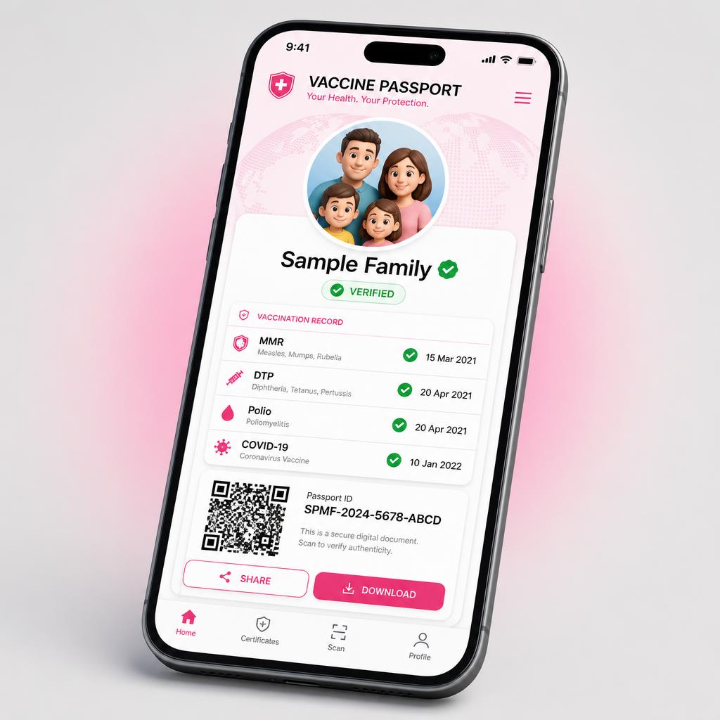 Sample digital health passport showing a family profile, vaccination record and QR code