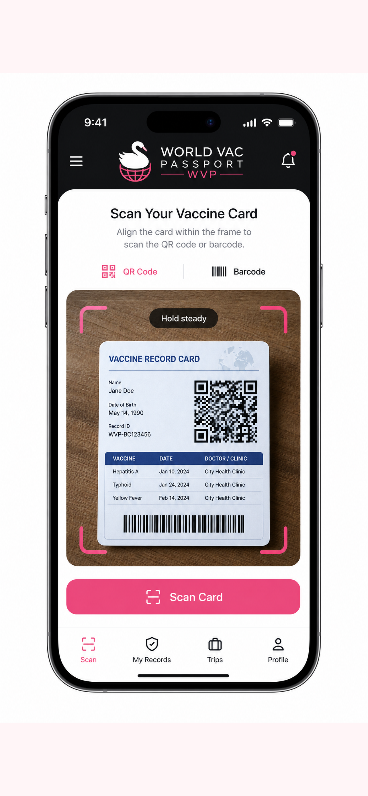 World Vac Passport screen: Scan a card