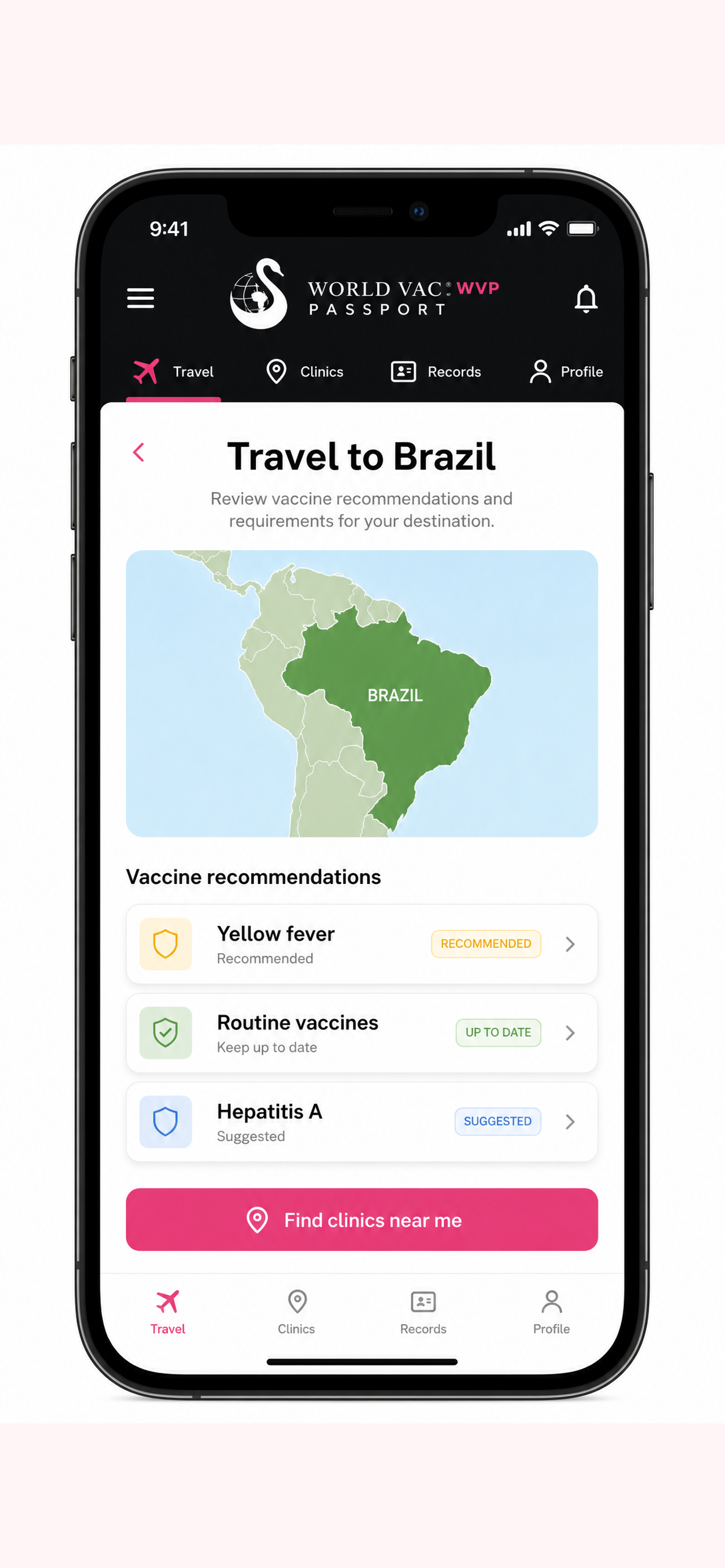 World Vac Passport screen: Travel requirements