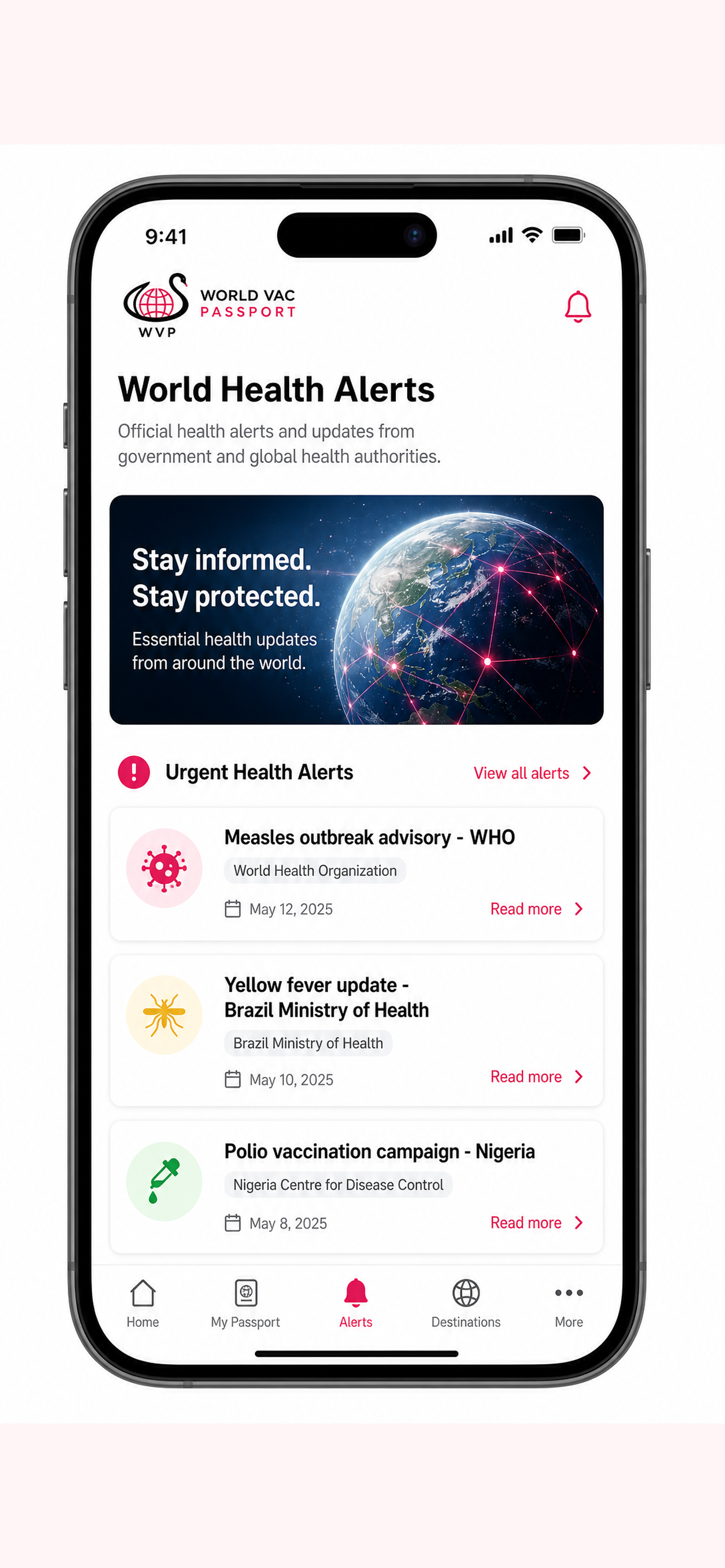 World Vac Passport screen: World health alerts