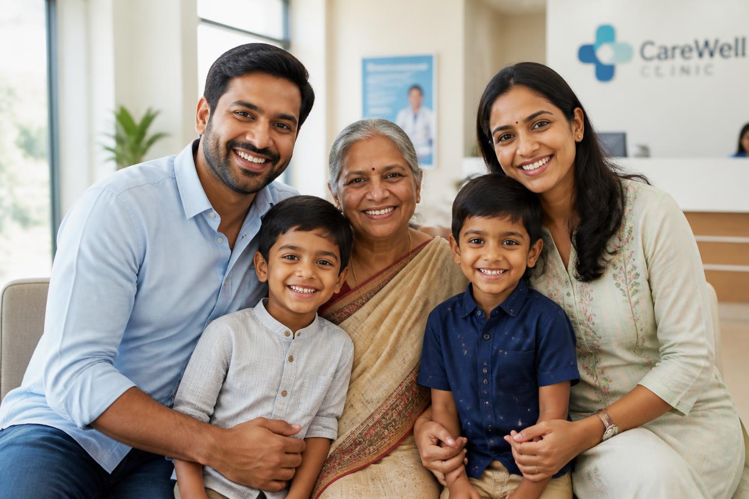 A South Asian Indian family with father, grandmother, mother and two boys smiling in a bright clinic