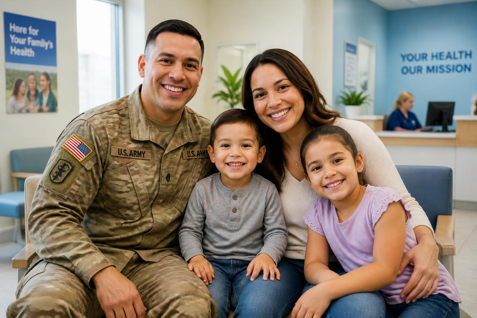 A military family with a service member parent, spouse and two children smiling in a bright clinic