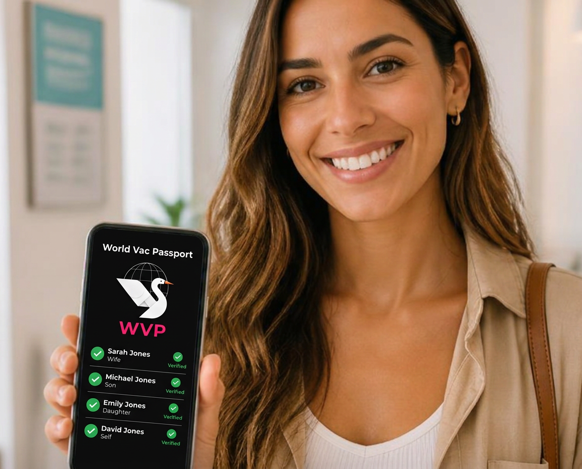 A young woman holding a smartphone showing her verified digital vaccine passport in a bright clinic