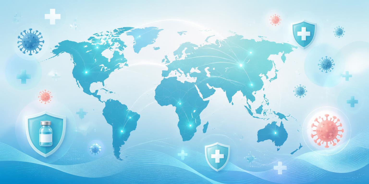 World map showing global disease outbreak surveillance and vaccine protection networks